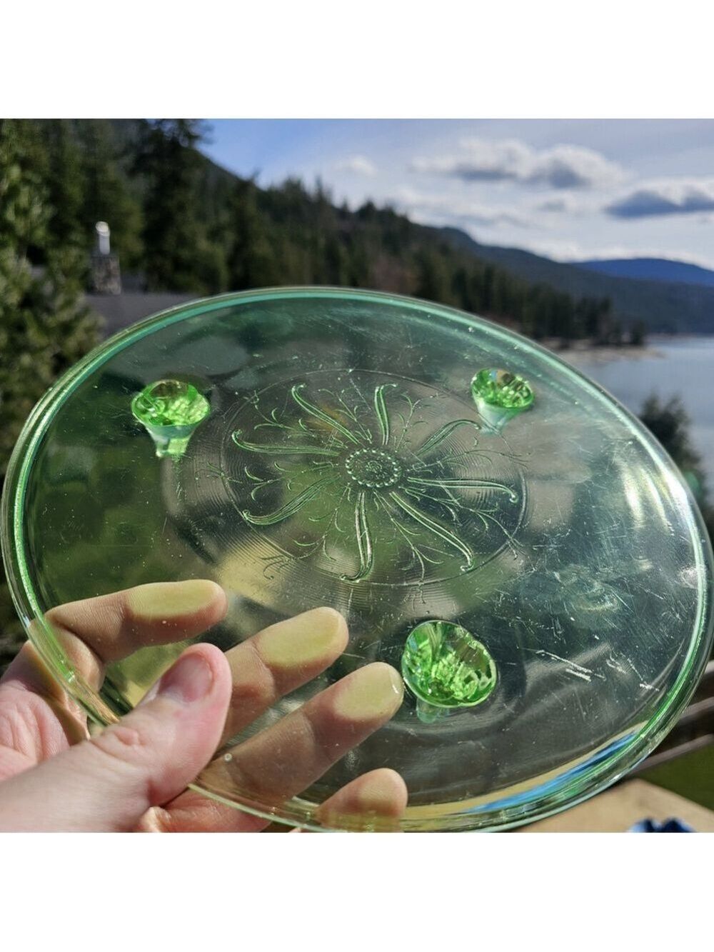 Uranium Glass 10" Cake Stand Plate 3 Footed Floral Etched Tested Glow Vintage